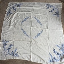Vintage Fabulous Crinoline Lady Embroidered  Floral Tablecloth Blue 
