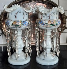 Stunning Pair of Large Antique Opaque Glass Mantle Lustres with Prismatic Drops