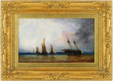 Ships on Coast Low Tide Antique Marine Oil Painting 19th Century British School