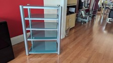 Soundstyle HiFI Rack Stand with 5 Shelves, Silver Coated Legs, Frosted Shelves.