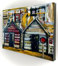 Beach Huts Original Acrylic Painting with Mixed Media Elements, Signed.