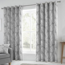 Fusion Matteo Botanical Leaf 100% Cotton Eyelet Lined Curtains Pair Grey