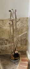 ANTIQUE PRINCE OF WALES FEATHER BRASS FIRE TOOLS COMPANION SET STONE BASE