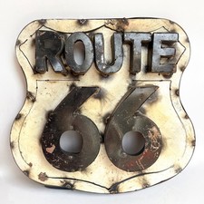 Metal Route 66 sign, shield shape, vintage Americana, raised letters, 37cm high