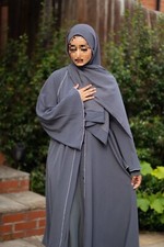 Open Abaya Dubai Kaftan Arab Dress Kimono Jilbab Gown Grey Eid