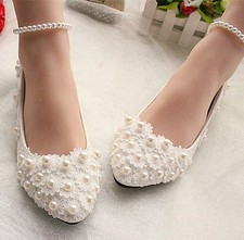 Lace flowers white ivory Wedding shoes Bridal flats low high heel pump size 3-10