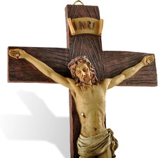 Jesus Crucifix Wall Cross Catholic – Hand Painted Big Wood Textured Resin Vintag