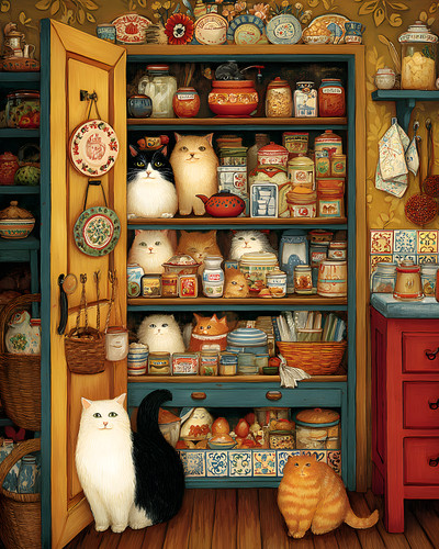 Curious cats filling kitchen - curious,