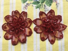 Sew on vintage fabric flower appliques, motifs, trims - sequins & beads, red