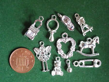 10 Mixed Baby Charms - bright silver - Dummy Shoe Pram Doll Teddy Rocking Horse