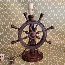 Vintage Nautical Ships Wheel Table Desk Lamp Light Oak Working Wooden Retro