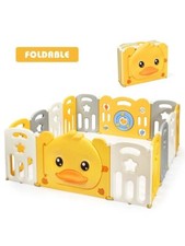 COSTWAY Foldable Baby Playpen, Yellow Duck Pattern Safety Yard with Lockable Doo