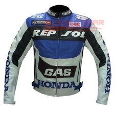 HONDA GAS REPSOL BLUE MOTORCYCLE MOTORBIKE COWHIDE LEATHER ARMOURED JACKET