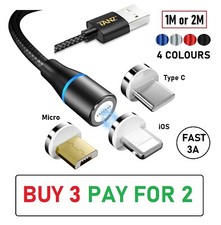 3 in 1 Magnetic Charging USB Cable Charger 3A FAST iOS Micro Type-C Adaptors NEW