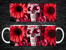 Sugar Skull Mug 11oz Red Floral Gothic Day of the Dead Art Coffee Tea Cup