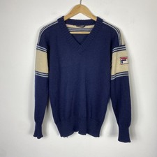 Vintage Fila White Line Knit Navy Wool Jumper - V Neck - Made in Italy - Small