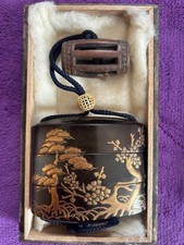 Inro Antique Edo Makie Landscape Tree Netsuke Wood Carved Tool Box