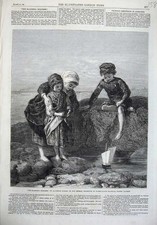 Old Antique Print 1868 Mariners Children Rock Pool Sea-Side Fine Art 1868 19th