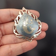 Vintage Siam Sterling Silver Niello Brooch Mythical Mermaid Dancer Design VTG