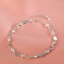 925 Sterling Silver Crystal Hollow Heart Linked Charm Bracelet Women Jewellery