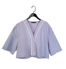Zara Lilac Linen Plaid Gingham Smock Crop top - Size M