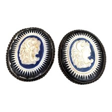Vintage Wedgwood Sterling Silver Dark Blue White Cameo Clip-On Earrings 1.5 READ