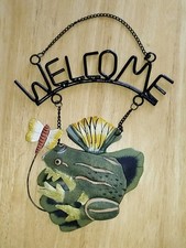 Frog  Fishing, Metal “Welcome” Sign with Chain
