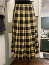 Vintage Viyella Yellow  Plaid Tartan  Maxi Pleated Skirt 100% Pure Wool Siz 14