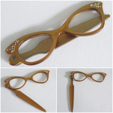 Vintage Lorgnettes Eye Glasses 1950s Folding Lucite Rhinestone Orange Ladies 50s