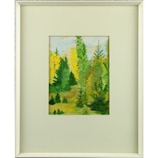 Original Framed Nordik Retro Autumn Woodland Landscape Watercolour Painting