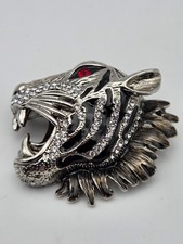 Silver tone Butler & Wilson tigers head brooch with mixed enamel & clear stones