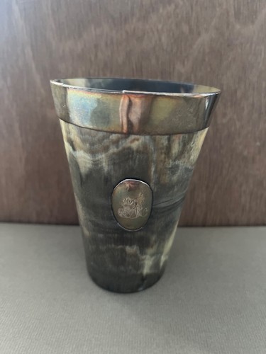 Silver rimmed cow horn beaker - silver,