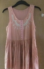 Pretty size 8  short ladies embroidered pink boho dress by peacocks 66 cm long