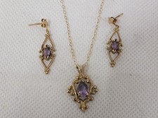 9ct 375 Gold Fine Delicate Amethyst Necklace & Dangle Earrings 2.69g   (Hol)