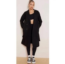 Womens Commuter Pocket Jacket Ladies Double Breasted Tie Waist Long Trench Coat