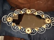 RETRO WROUGHT METAL WHITE COATED OVAL MIRROR ENAMELLED ROSES & GILDED DAISIES