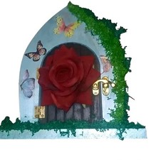 Wooden Fairy Door Turquoise with Butterflies, Flowers & Moss Freestanding