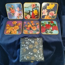 Vintage coasters in case set of 6 rose theme Win El Ware mid century