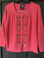 New Laura Lees Label Floral Skull Embroidered Pink Cotton Cardigan L UK 12-14