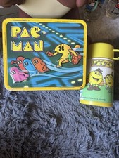 Vintage 1980 pac man tin lunch box and flask