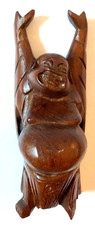 VINTAGE CARVED LAUGHING SMILING BUDDHA FIGURE HANDS UP CHINESE ORIENTAL MONK