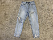 Miss Guided, Women Riot High Rise Mom Jean, Light Wash Distressed Jeans