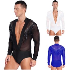 Men Shirt Patchwork Leotard Tassels Bodysuit Rumba Rompers Latin Party Mesh