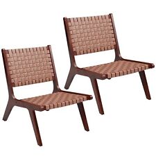 2 Pcs Woven Leather Accent Chair Modern Lounge Chair Armless Reading Side Chair
