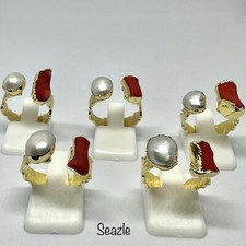 Stylish Natural Pearl And Coral Gemstones Adjustable Cuff Ring