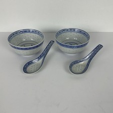 Chinese Oriental Blue & White Translucent Rice Noodle Porcelain 2 Bowls & Spoons