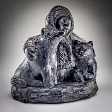 Wolf Sculptures Inuit Figurine + Sled Dogs Canadian Cold Cast 11.5cm Sculpture