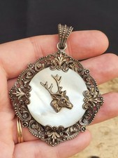 Vintage Filigree Metal Mother Of Pearl  Stag Pendant.