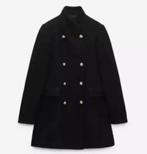 ZARA NEW WOMAN DOUBLE-BREASTED WOOL BLEND MILITARY COAT BLACK SIZE XS