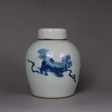 Chinese Qing Blue and White Porcelain Pot Lions Pattern Tea Caddy 4.72 Inch